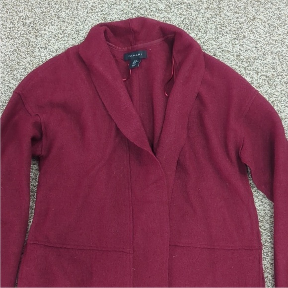 Tahari burgundy cranberry red wool blend open sweater long jacket - Picture 10 of 11